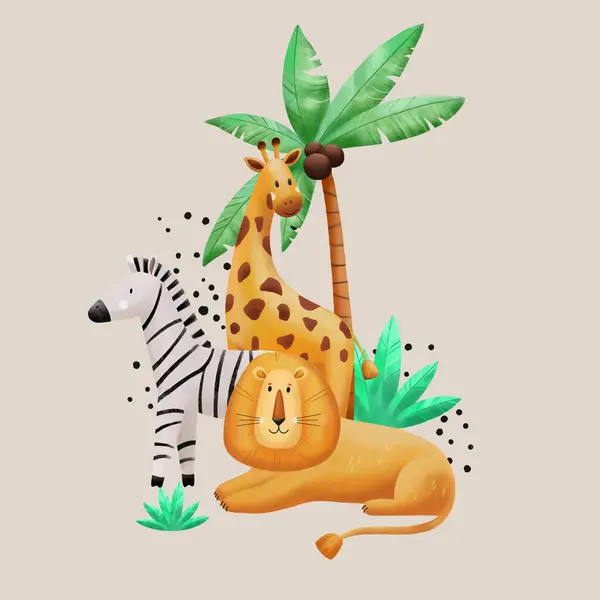 Illustrazione Bambini Con Leone Giraffa Zebra Elementi Design Bambini Cartolina — Foto Stock