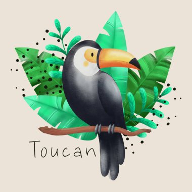 Tukanla el çizimi çizimi. Çocuk tasarım elemanları kartpostal, poster, tişört tasarımı ve diğer şeyler için.