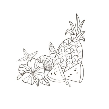 Yaz tatili seti. Yaz sahili elementleri Vektör hattı sanatı. Çocuklar ve yetişkinler için boyama kitabı antistresi