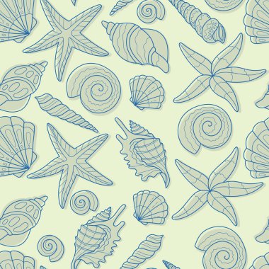 Deniz kabuğuyla kusursuz desen. Yaz zamanı, deniz, su altı el yapımı vektör çizimi ambalaj kağıdı, duvar kağıdı, defter kapağı.