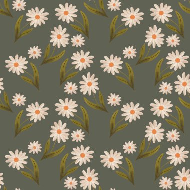 Koyu arkaplanda beyaz çiçekler olan kusursuz bir desen. El çizimi çizimi. Paketleme, desenler, baskılar, tekstil tasarımı için mükemmel.