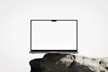 Açılan dizüstü bilgisayarlı bir sahne, kayanın üzerinde beyaz boş bir ekran. 