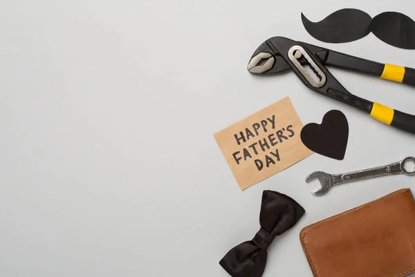 Happy Father Day Inscription Different Gifts Color Background Top View — Foto de Stock