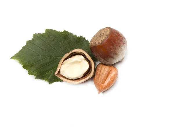 Hazelnuts Green Leaves Isolated White Background Top View — Stock Photo, Image