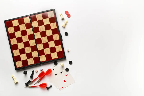 Different Board Games White Background Top View — 图库照片