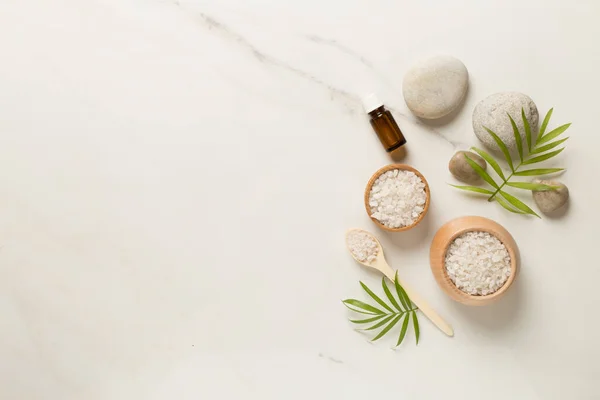 stock image Composition with spa products on marble background, top view.