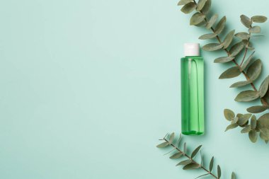 Renkli arka planda okaliptüs dallı kozmetik şişesi, üst görünüm.