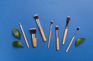 Natural biodegradable makeup brushes on color background, top view
