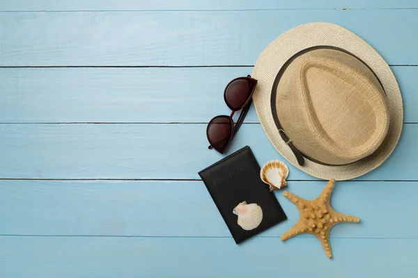 Hat Passport Seashells Wooden Background Top View — 图库照片