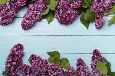 Ahşap arka planda leylak dallar, üst manzara. Bahar çiçekleri kavramı.