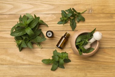 Melissa essential oil bottles with mortar pestle on wooden background, top view.