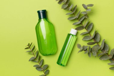 Renkli arka planda okaliptüs dallı kozmetik şişesi, üst görünüm. 