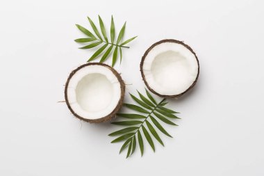 Renk arkaplanında yaprakları olan hindistan cevizi, üst görünüm