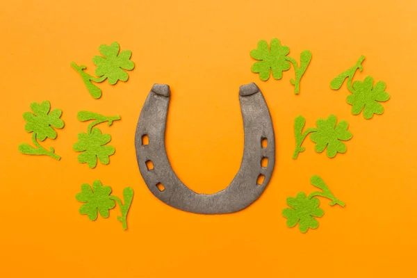 Horseshoe Clover Color Background Top View Patricks Day Concept — Stock Photo, Image