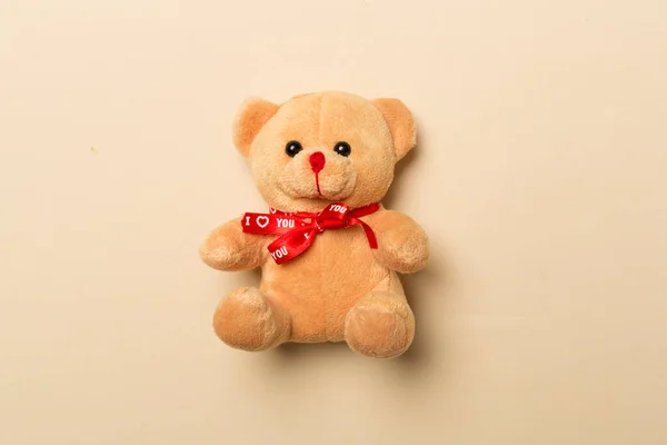 Cute Teddy Bear Color Background Top View — Stockfoto