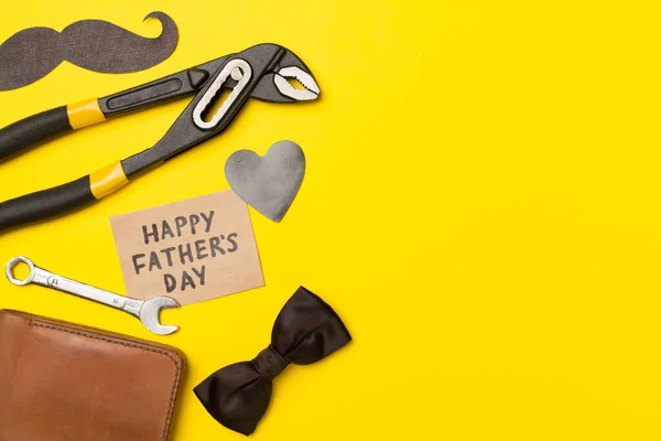 Happy Father Day Inscription Different Gifts Color Background Top View — Zdjęcie stockowe