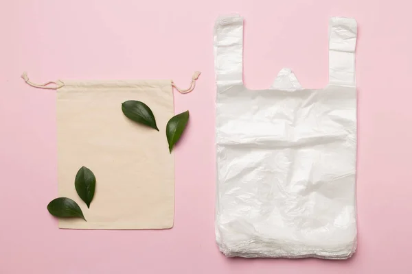 Plastic Fabric Bag Color Background Top View Biodegradable Products Concept — Foto de Stock