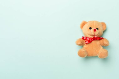 Cute teddy bear on color background, top view