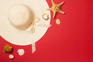 Renkli arka planda güzel hasır şapka ve deniz kabukları, üst manzara.