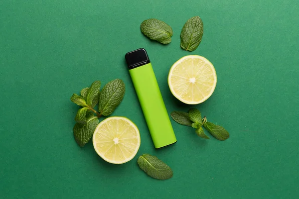Disposable Electronic Cigarettes Fruits Color Background Top View — Foto Stock