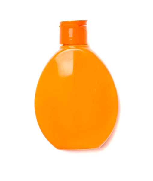 Botella Con Crema Protección Solar Aislada Blanco Vista Superior — Foto de Stock