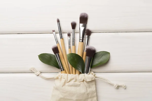 Natural Biodegradable Makeup Brushes Wooden Background Top View — Fotografia de Stock