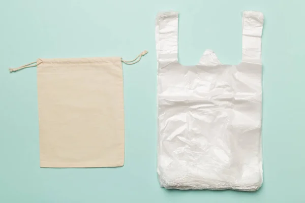 Plastic Fabric Bag Color Background Top View Biodegradable Products Concept — Stock Photo, Image