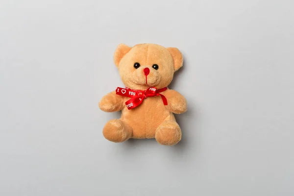 Cute Teddy Bear Color Background Top View — 스톡 사진