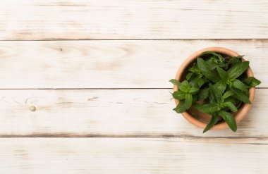 Wooden bowl with melissa on wooden background, top view.