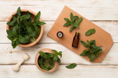 Melissa essential oil bottles with mortar pestle on wooden background, top view.