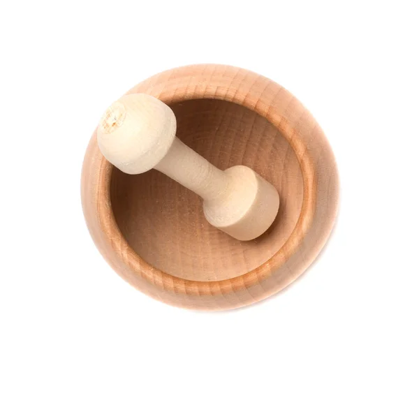 Wooden Mortar Pestle Isolated White Top View — Stock Photo, Image