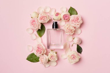 Bottle of perfume with rose flowers on color background, top view.