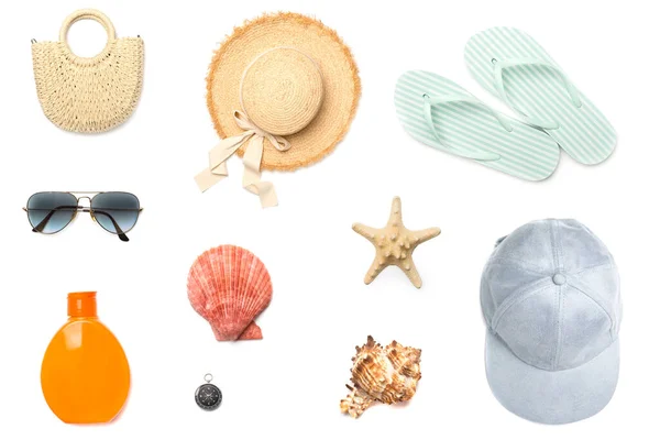 Summer Accessories Collage Isolated White Top View — Stock Photo, Image