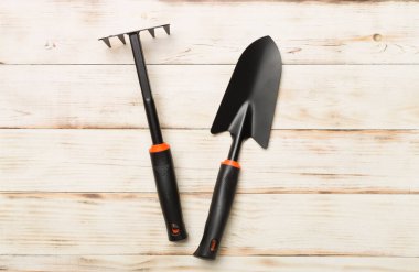 Ahşap arka planda bahçe araçları, üst görünüm