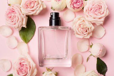 Bottle of perfume with rose flowers on color background, top view.