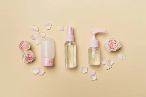 Set Small Cosmetic Bottles Color Background Top View — Stockfoto