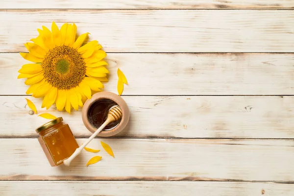 Flat Lay Sunflower Honey Wooden Background Top View — Stockfoto