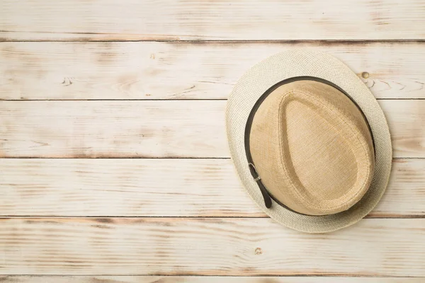 Wicker Hat Wooden Background Top View — Stock Photo, Image