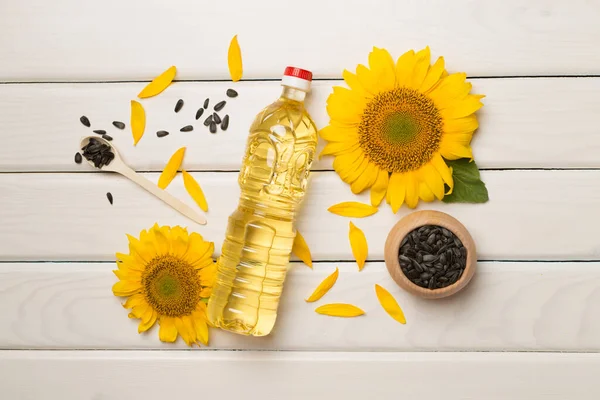 Sunflower Oil Seeds Flower Wooden Background — Foto de Stock