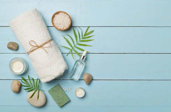 Stock image Composition with spa products on wooden background, top view.