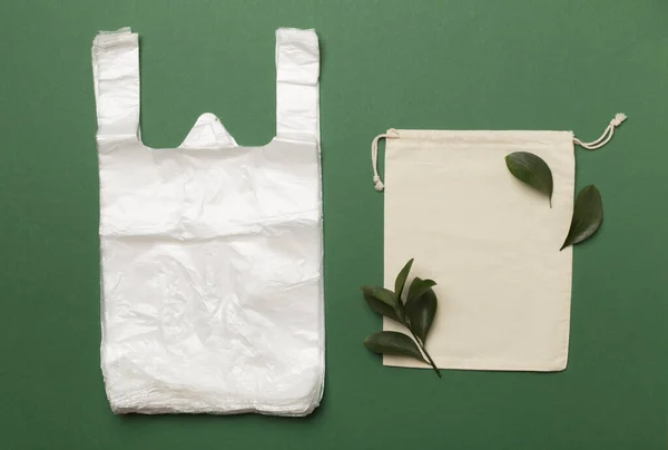 Plastic Fabric Bag Color Background Top View Biodegradable Products Concept — Fotografia de Stock