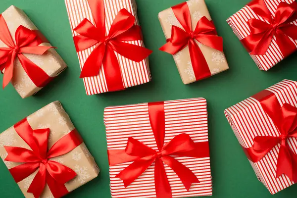 Christmas Gift Boxes Color Background Top View — Stock Photo, Image