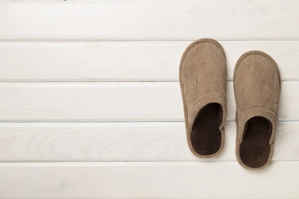 Man Slippers Wooden Background Top View — Foto Stock