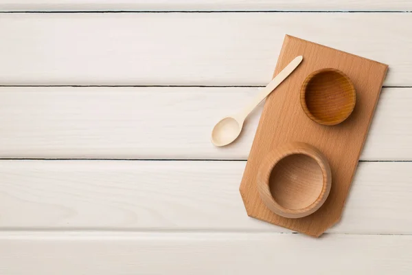 Wooden Bowls Board Wooden Background Top View — Stock fotografie