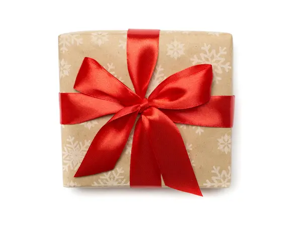 礼品盒 红色缎带弓形 顶视图隔离 — 图库照片