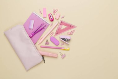 Renkli arka plan üzerinde okul kırtasiyesi olan pembe kalem kutusu, üst görünüm