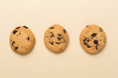 Renkli arka planda çikolata parçalı kurabiyelerle yatıyordu