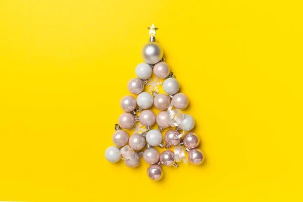 Christmas Tree Made Bauble Decoration Color Background Top View — Stock Photo, Image