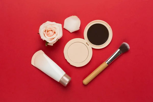 Composition Makeup Products Skin Tone Color Background Top View — Stock Photo, Image