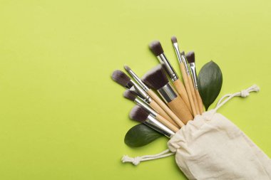 Natural biodegradable makeup brushes on color background, top view